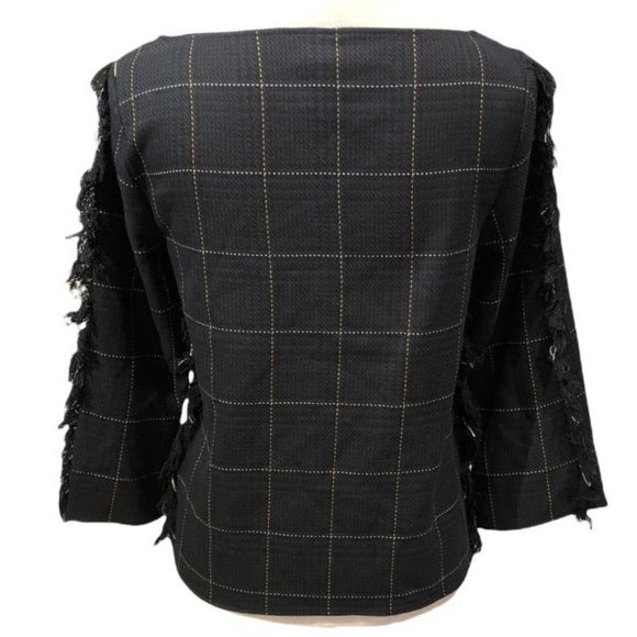 H&M Womens Boatneck Shirt Top with Fringe Navy Yellow Squares 4 Preppy Academia - Picture 2 of 4